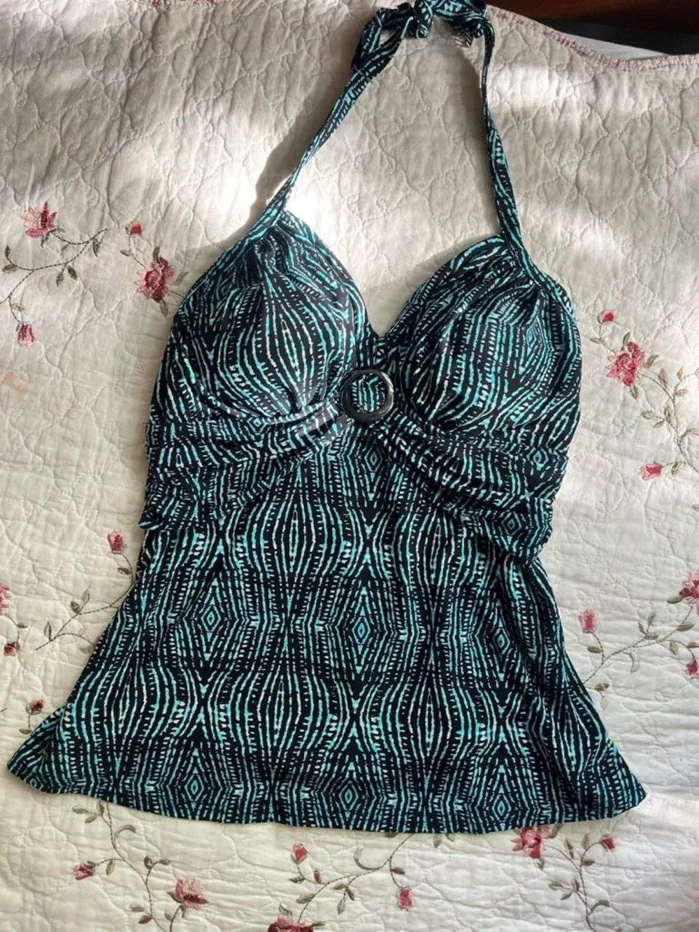 2000s St. John's Bay Teal and Black Patterned Halter Top/Tankini - Picture 6 of 8